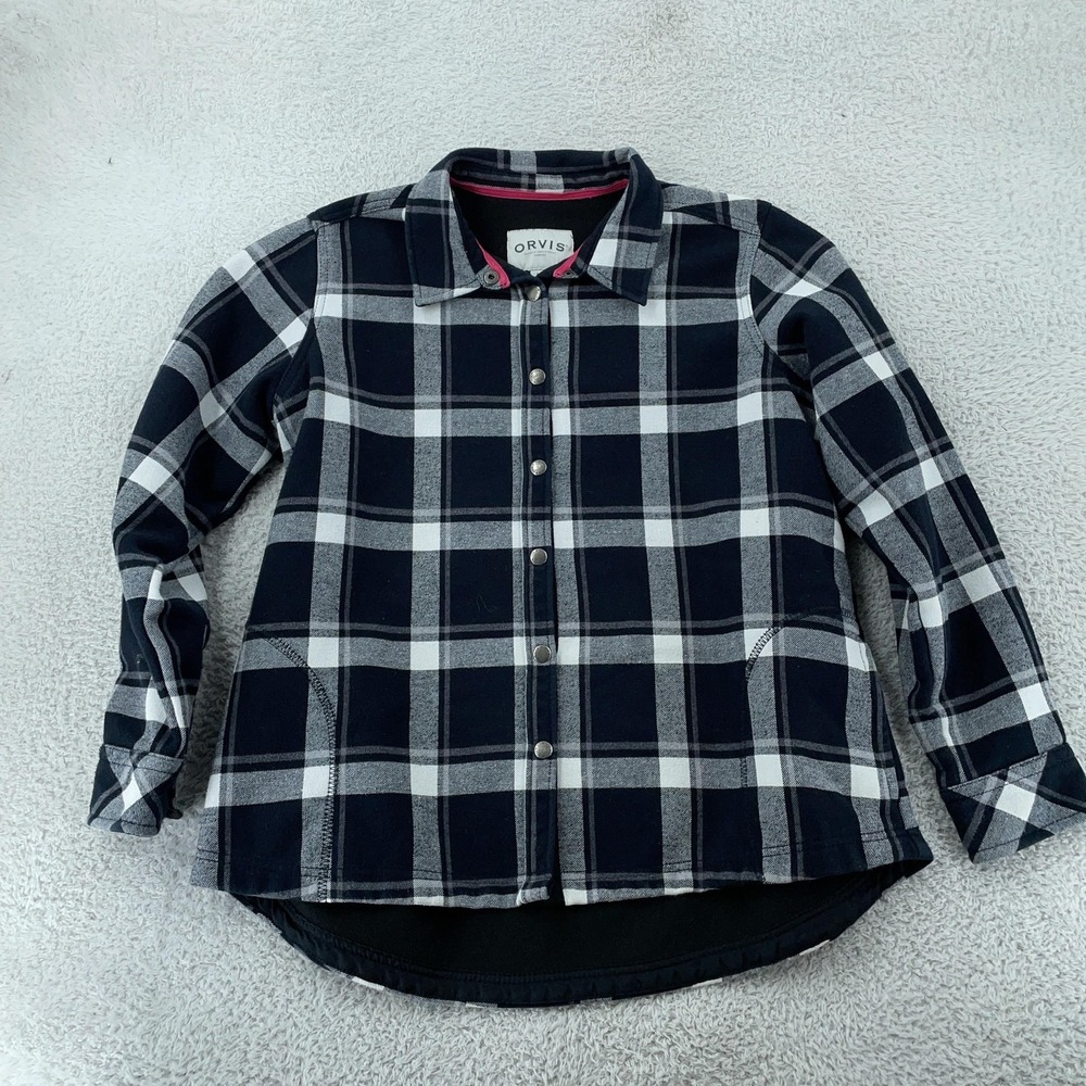 Orvis Fleece Lined Shirt Jacket Womens XL Greyscale Plaid Black Snap Shacket